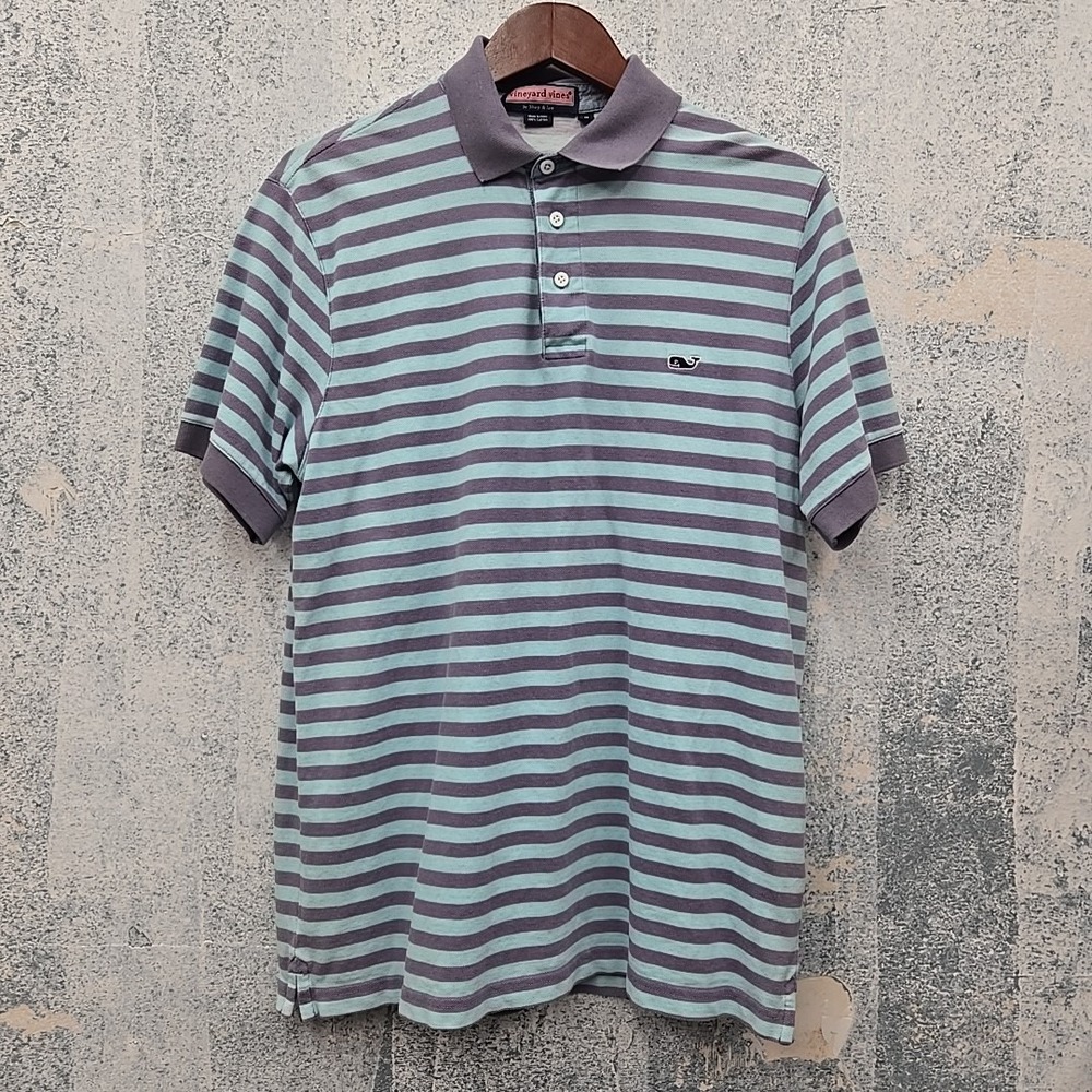 Vineyard Vines Men's Polo Shirt M Purple Teal Striped 100% Cotton Whale Logo